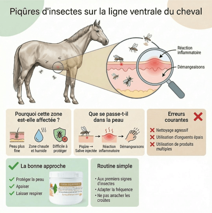 piqûres d'insectes sur la ligne ventrale du cheval